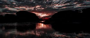 Preview wallpaper lake, clouds, sunset, dark