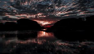 Preview wallpaper lake, clouds, sunset, dark