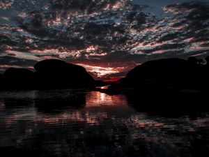 Preview wallpaper lake, clouds, sunset, dark