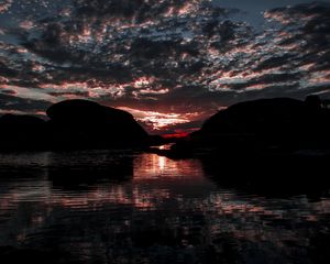 Preview wallpaper lake, clouds, sunset, dark