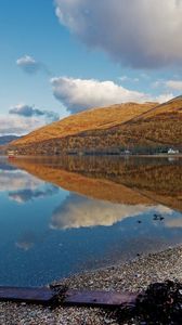 Preview wallpaper lake, coast, board, mountains, reflection, pebble, clearly