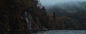 Preview wallpaper lake, coast, cliff, forest, fog