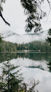 Preview wallpaper lake, coast, forest, mountains, clouds, landscape