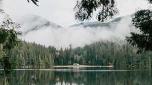 Preview wallpaper lake, coast, forest, mountains, clouds, landscape