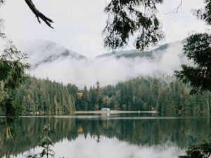 Preview wallpaper lake, coast, forest, mountains, clouds, landscape