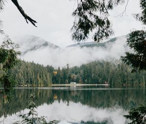 Preview wallpaper lake, coast, forest, mountains, clouds, landscape