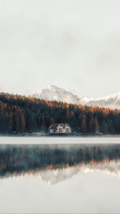 Preview wallpaper lake, coast, house, forest, mountains, nature