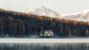 Preview wallpaper lake, coast, house, forest, mountains, nature