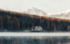 Preview wallpaper lake, coast, house, forest, mountains, nature