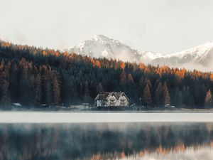 Preview wallpaper lake, coast, house, forest, mountains, nature