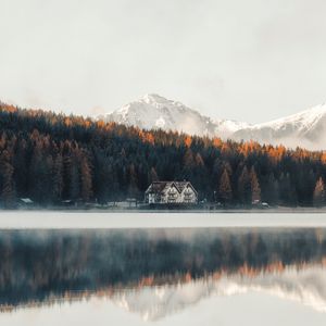 Preview wallpaper lake, coast, house, forest, mountains, nature