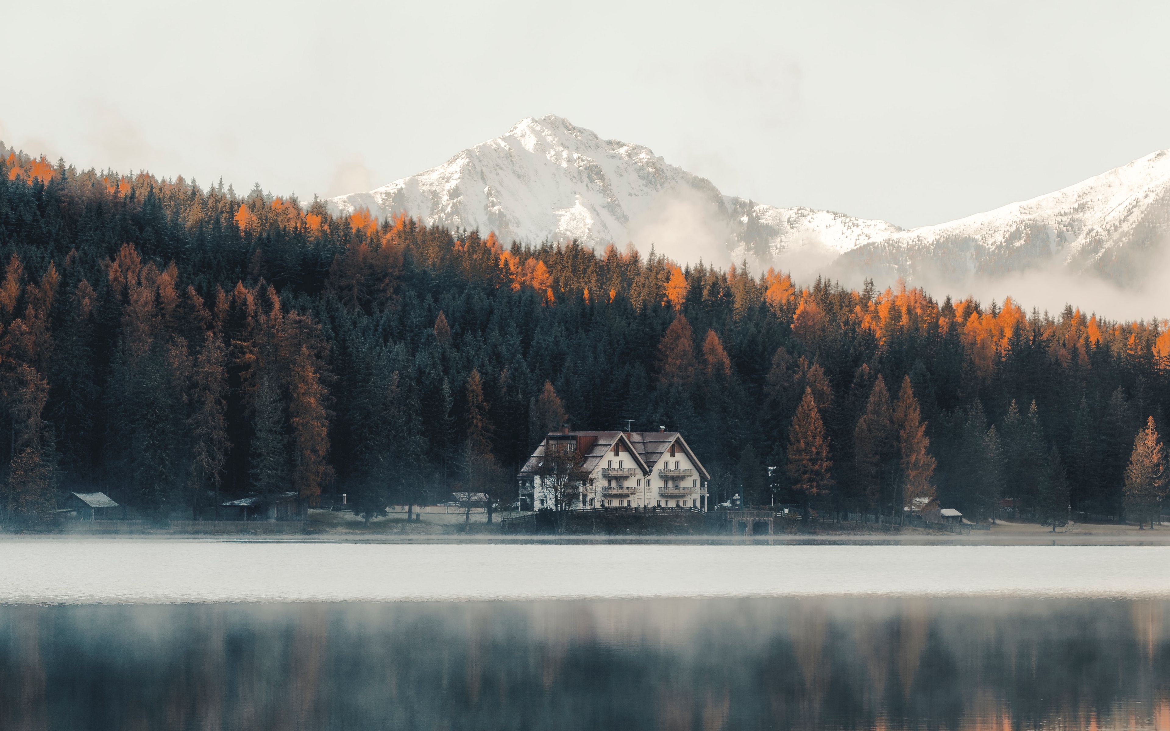 Lake, Coast, House, Forest, Mountains, Nature, 4k HD Wallpaper