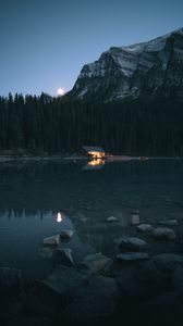 Preview wallpaper lake, coast, house, mountain, forest, night