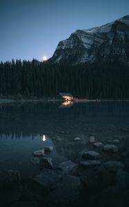 Preview wallpaper lake, coast, house, mountain, forest, night