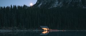 Preview wallpaper lake, coast, house, mountain, forest, night