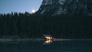 Preview wallpaper lake, coast, house, mountain, forest, night