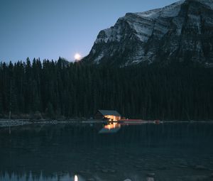 Preview wallpaper lake, coast, house, mountain, forest, night