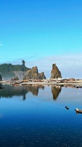 Preview wallpaper lake, coast, pebble, water, transparent, wood