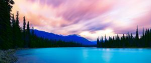 Preview wallpaper lake, coast, spruce, trees, mountains