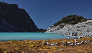 Preview wallpaper lake, coast, stones, azure, sky, moon, grass, faded