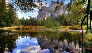 Preview wallpaper lake, coast, stones, rock, landscape, silence, tranquillity, harmony, summer, reflection