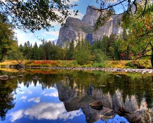 Preview wallpaper lake, coast, stones, rock, landscape, silence, tranquillity, harmony, summer, reflection