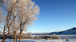 Preview wallpaper lake, coast, winter, hoarfrost