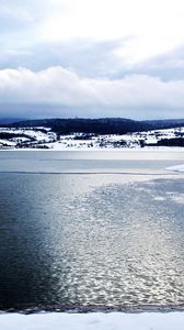 Preview wallpaper lake, cold, water, smooth surface, ice, snow, clouds, modulations