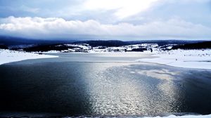 Preview wallpaper lake, cold, water, smooth surface, ice, snow, clouds, modulations