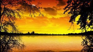 Preview wallpaper lake, decline, orange, trees, branches, outlines, moon, star