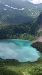 Preview wallpaper lake, descent, mountains, lowland, wooden