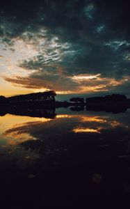 Preview wallpaper lake, dusk, sunset, trees, clouds