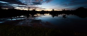 Preview wallpaper lake, dusk, trees, reflection, evening