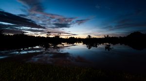 Preview wallpaper lake, dusk, trees, reflection, evening