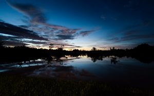 Preview wallpaper lake, dusk, trees, reflection, evening