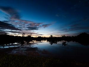 Preview wallpaper lake, dusk, trees, reflection, evening