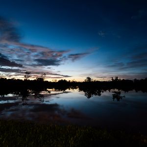 Preview wallpaper lake, dusk, trees, reflection, evening