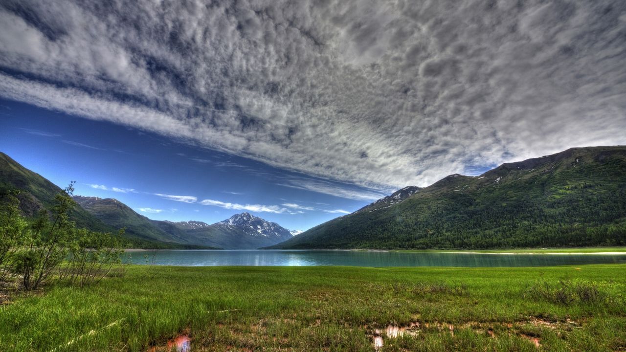 Wallpaper lake eklutna, alaska, mountains, hdr, sky