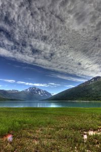 Preview wallpaper lake eklutna, alaska, mountains, hdr, sky