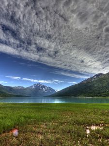 Preview wallpaper lake eklutna, alaska, mountains, hdr, sky