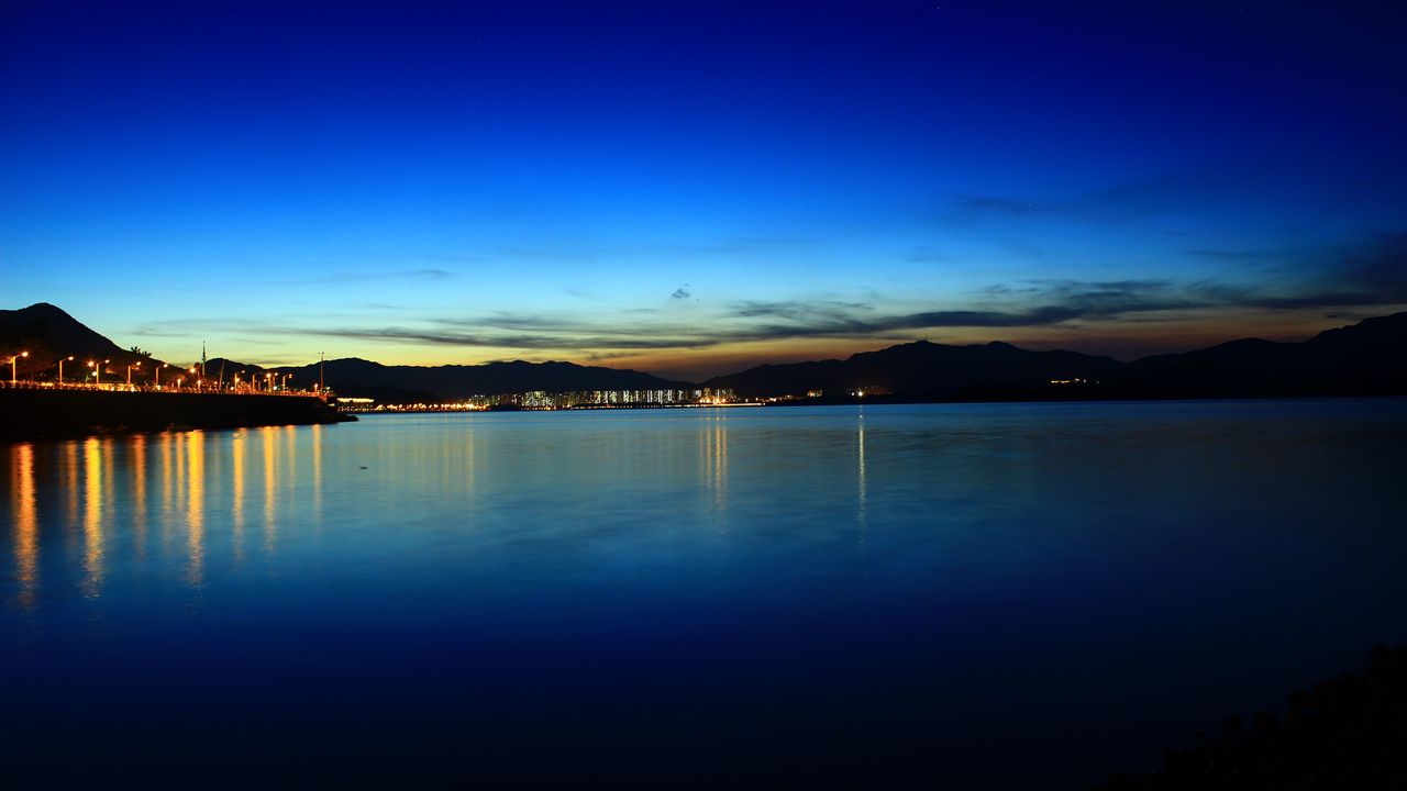 Wallpaper lake, embankment, lights, night, dark
