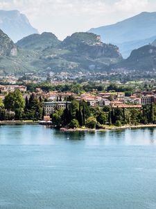 Preview wallpaper lake, embankment, trees, buildings, city