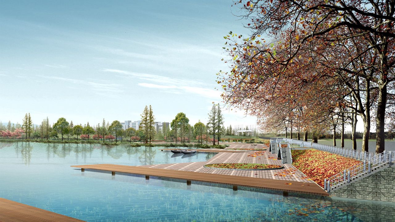 Wallpaper lake, embankment, trees, graphics, spoon, platform