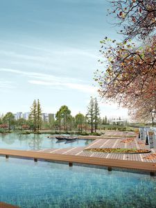 Preview wallpaper lake, embankment, trees, graphics, spoon, platform