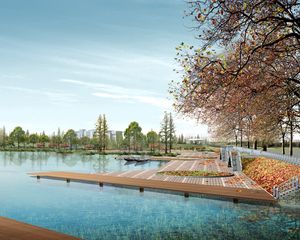 Preview wallpaper lake, embankment, trees, graphics, spoon, platform