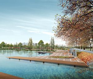 Preview wallpaper lake, embankment, trees, graphics, spoon, platform