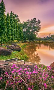 Preview wallpaper lake, flowers, trees, landscape, spring