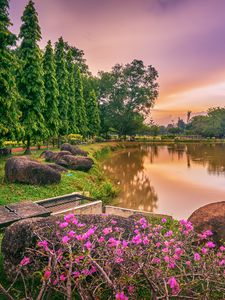 Preview wallpaper lake, flowers, trees, landscape, spring