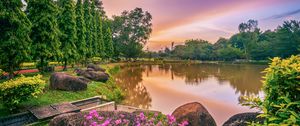Preview wallpaper lake, flowers, trees, landscape, spring