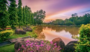 Preview wallpaper lake, flowers, trees, landscape, spring